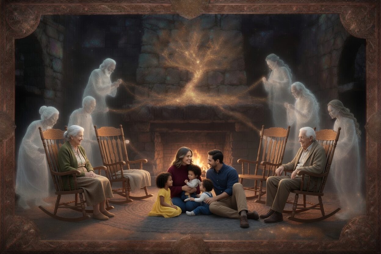 A family gathered around a stone hearth with their grandparents, while the glowing figures of earlier generations pass golden threads that weave into a tree of light above the fire.